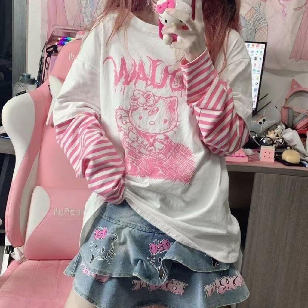 Nibimi kawaii Hello Kitty striped T-shirt NM3279