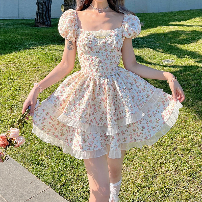 Nibimi cute hollow bow floral dress NM2819