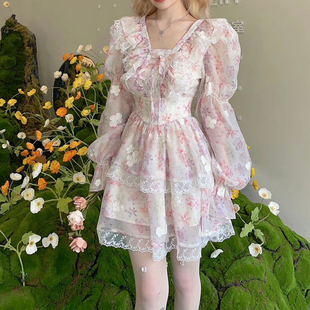 Nibimi sweet romantic lace ruffle dress NM2821